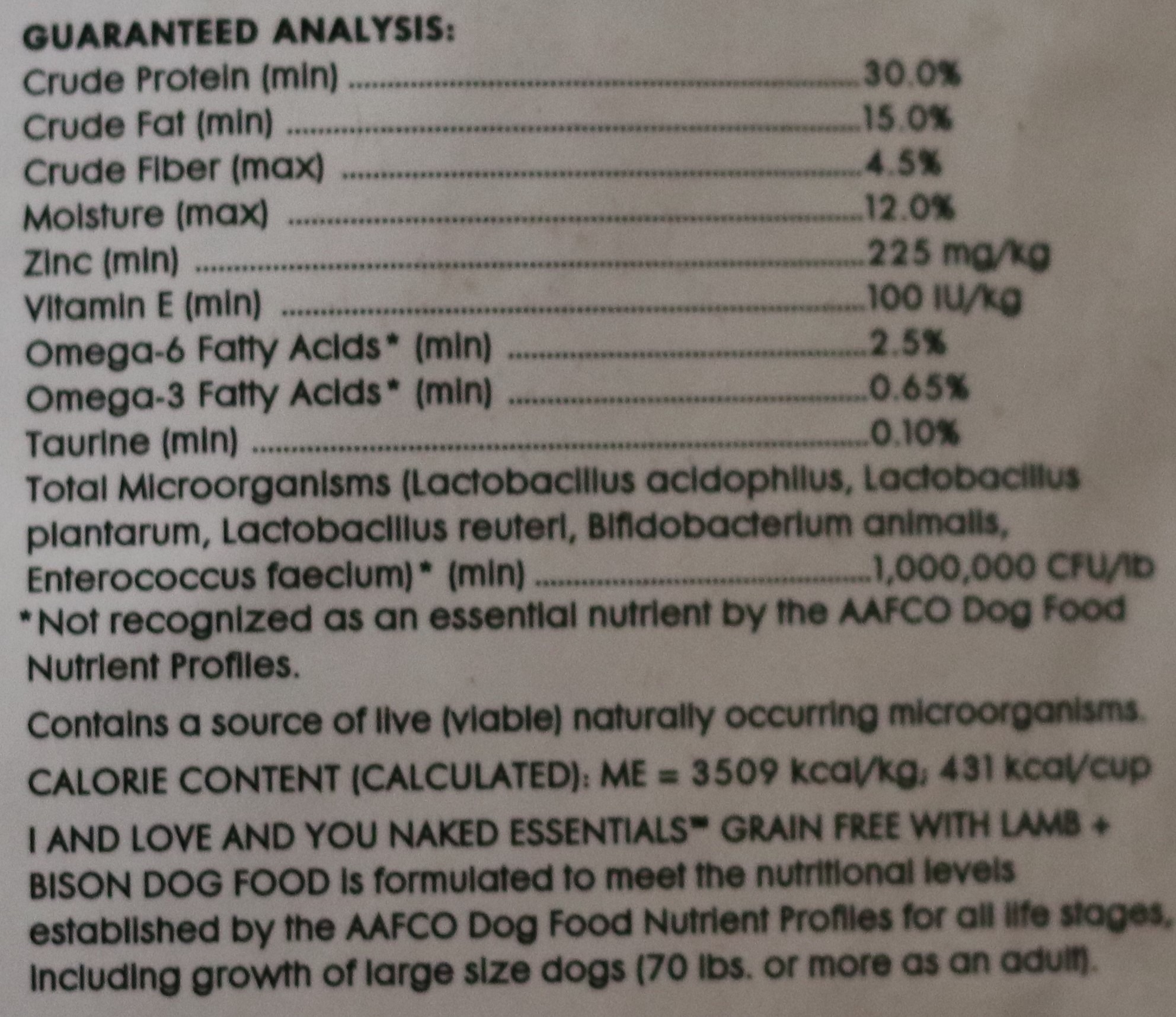 dog food label