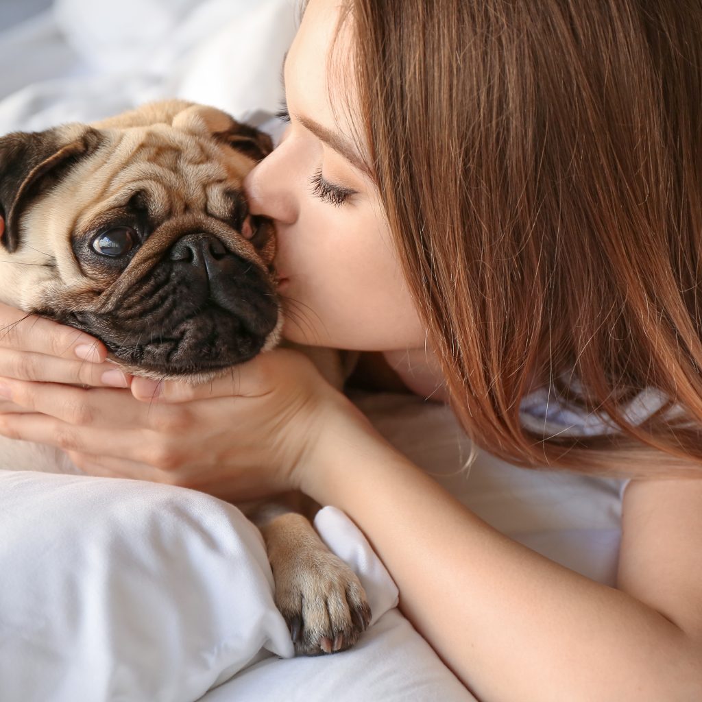 Woman kissing Pug